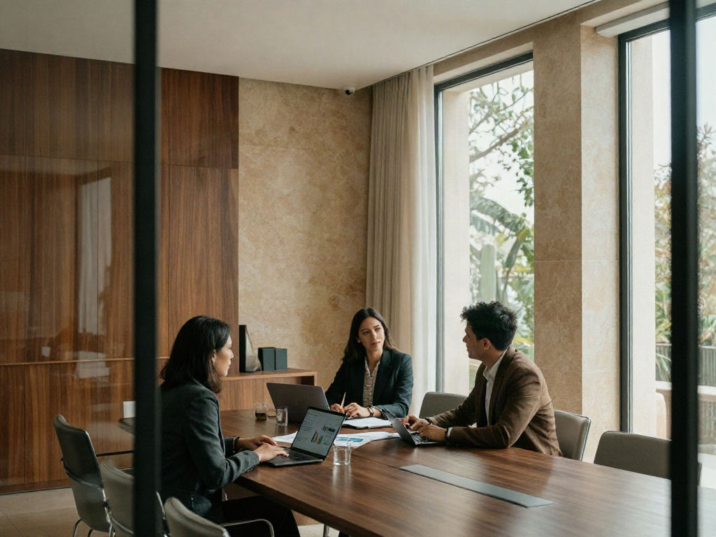 Leadership team discussing business strategy around a conference table in a sunlit office