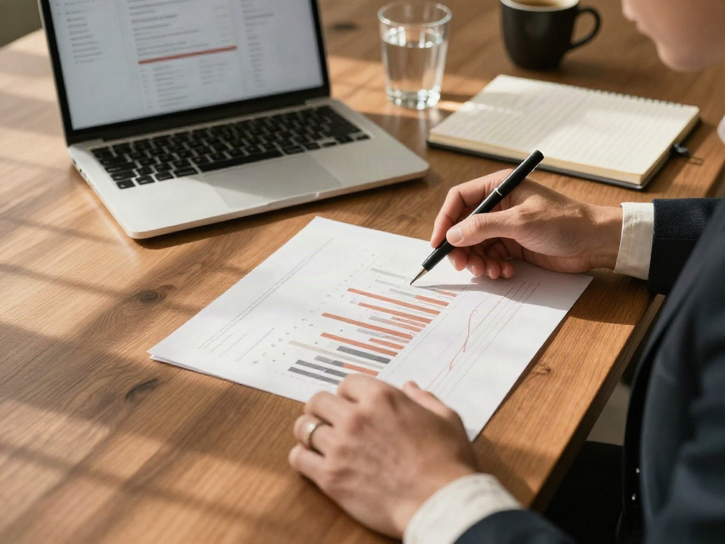 Consultants reviewing printed business charts and analytics together at a walnut table